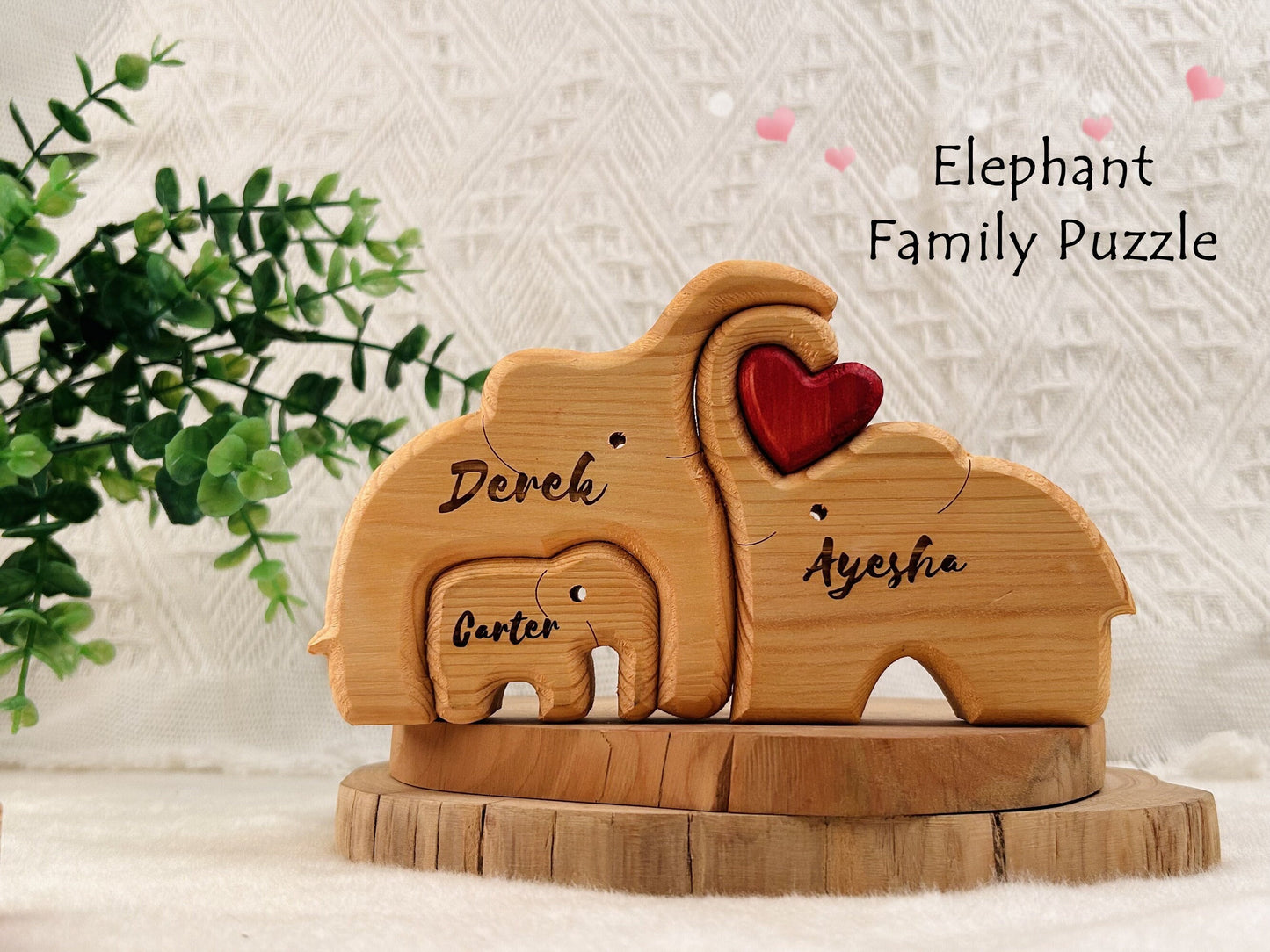 Wooden Elephant Family Puzzle, Personalized Name 7 Person Animal Figurine, Handmade Family Keepsake Home Decor Gift,Anniversary Gift for Her