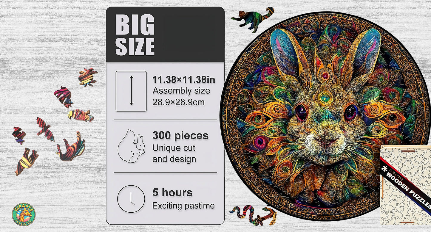 Rabbit Wooden Puzzle, Mandala Animal Puzzle Gift For Kids And Adults, Wooden Toys Jigsaw Puzzle Gift, Challenging Round Irregular Puzzle