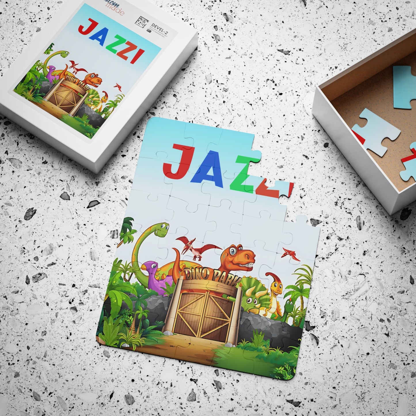 Personalized Dinosaur Park Kids Jigsaw Puzzle, 30-Piece Vertical Puzzle Gameboard, Toddler Name Learning, Perfect For Gifting!