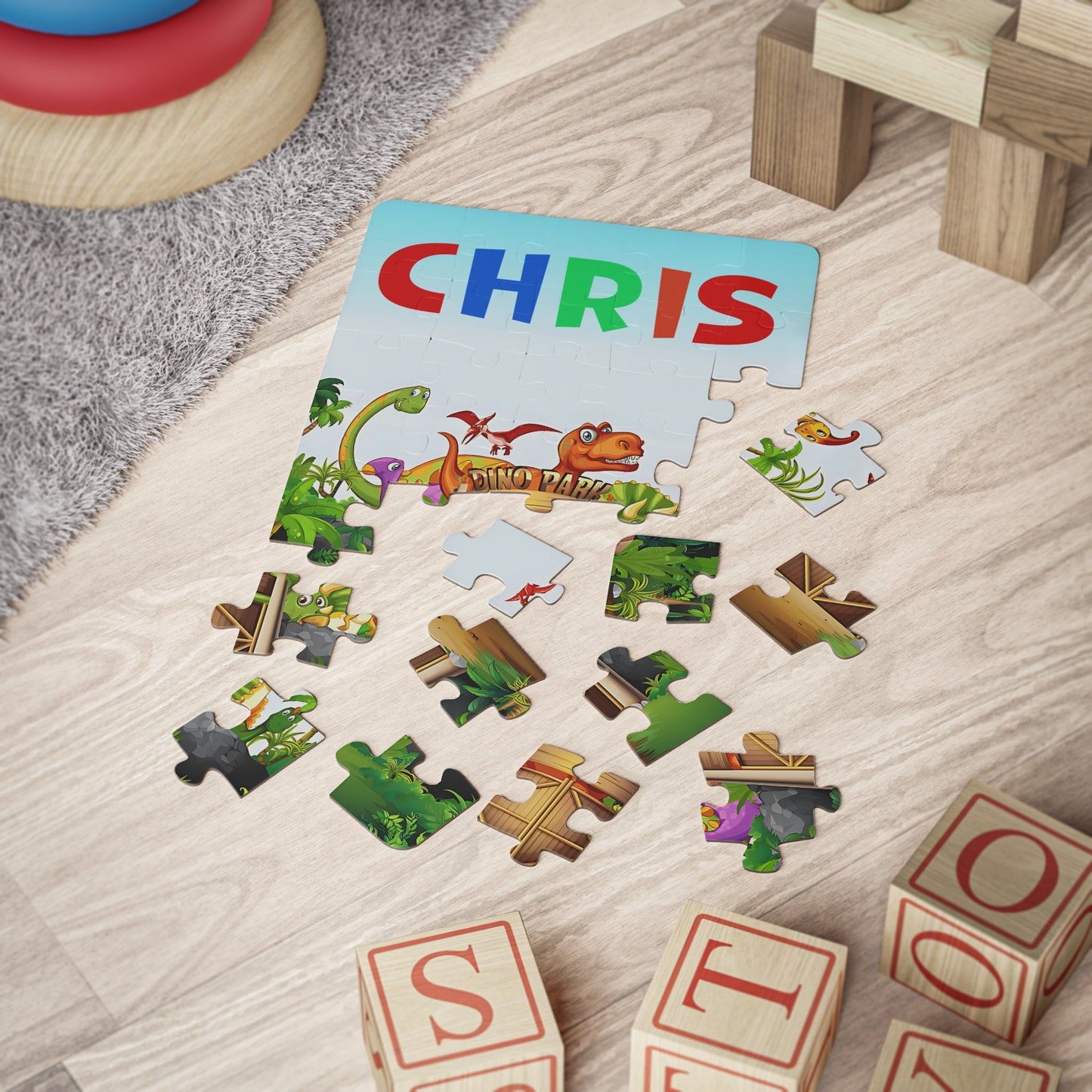 Personalized Dinosaur Park Kids Jigsaw Puzzle, 30-Piece Vertical Puzzle Gameboard, Toddler Name Learning, Perfect For Gifting!