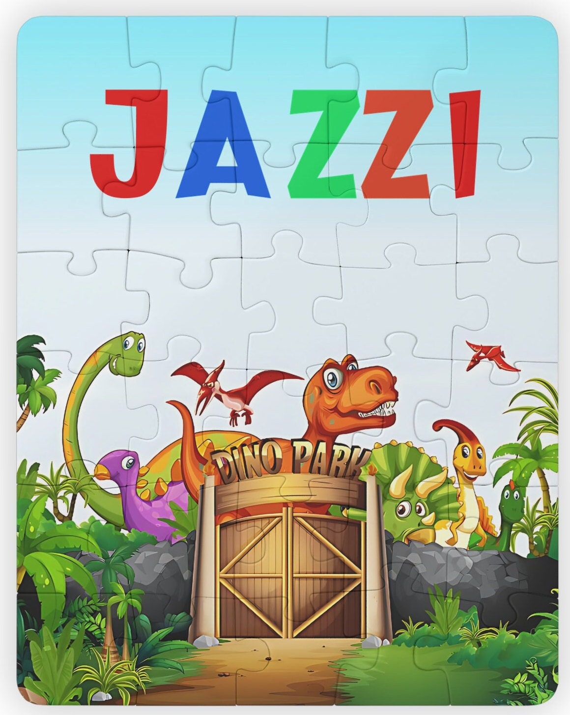 Personalized Dinosaur Park Kids Jigsaw Puzzle, 30-Piece Vertical Puzzle Gameboard, Toddler Name Learning, Perfect For Gifting!