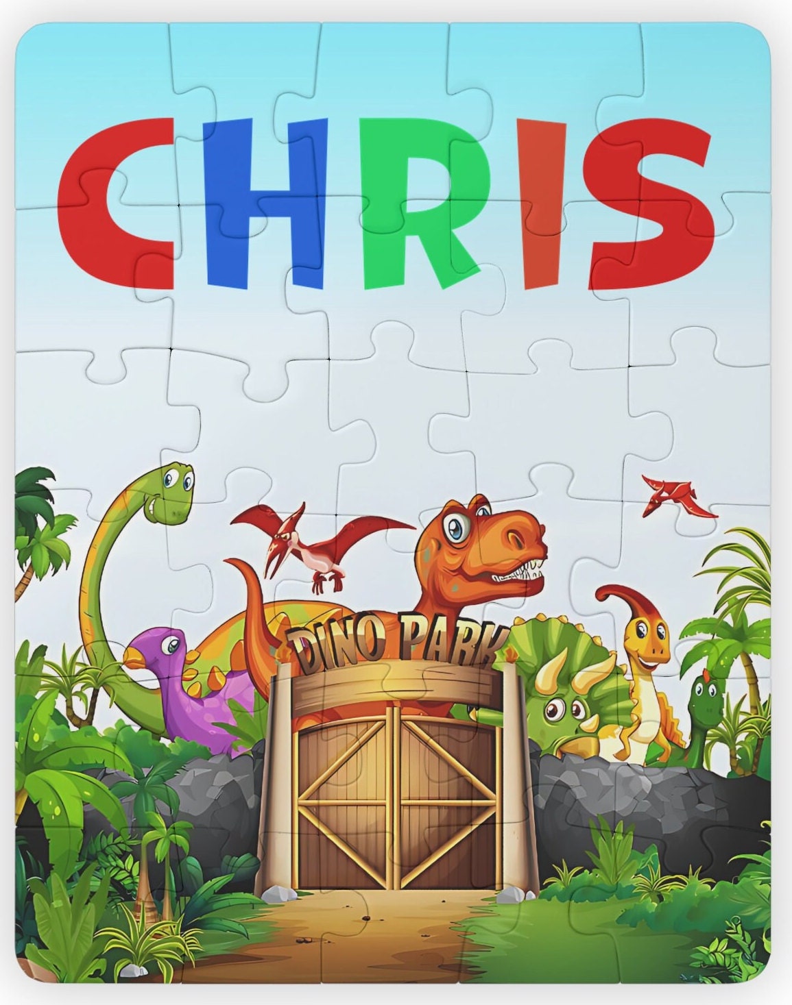 Personalized Dinosaur Park Kids Jigsaw Puzzle, 30-Piece Vertical Puzzle Gameboard, Toddler Name Learning, Perfect For Gifting!