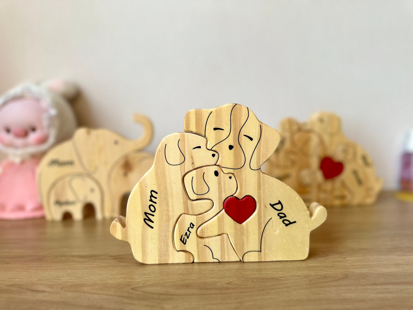 Wooden Dog Family Puzzle, Family Keepsake Gift, Gift for Parents, Animal Family, Family Home Decor, Gift for Kids, Pearl