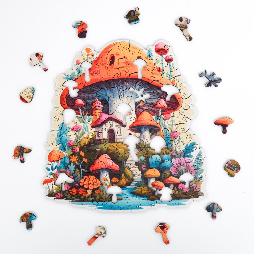 Mushroom House Wooden Jigsaw Puzzle for Adults and Kids | Laser Cut Premium Wood | Animal Shaped 3D Puzzle Pieces | Unique Gift