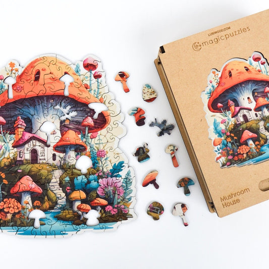 Mushroom House Wooden Jigsaw Puzzle for Adults and Kids | Laser Cut Premium Wood | Animal Shaped 3D Puzzle Pieces | Unique Gift