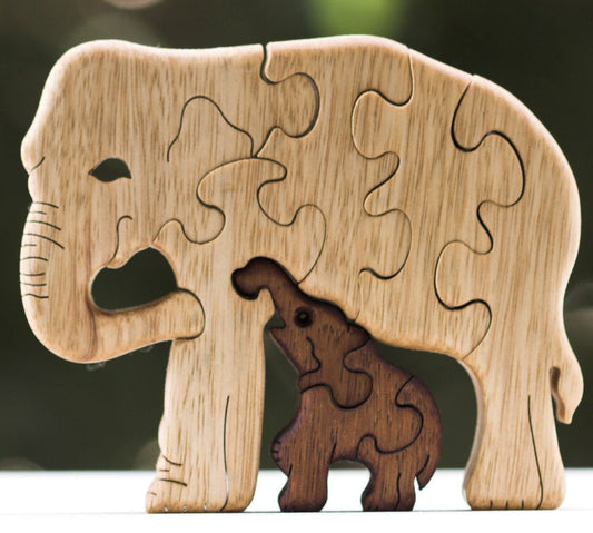 Handmade Elephant & Baby Puzzle - Wooden Interlocking Family Toy - Perfect Gift for Animal Lovers