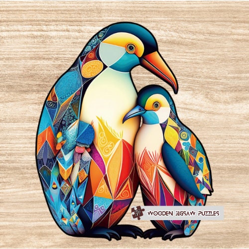 Penguin Wooden Jigsaw Puzzle with Wood Box Packaging, Intermediate Hard Difficult Level Puzzle Games for Kids Adults Family Games Gift Idea