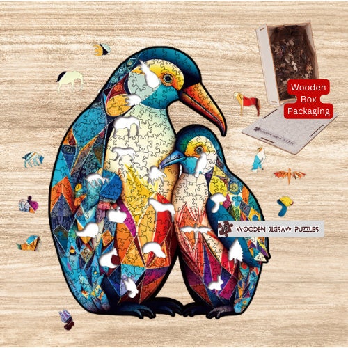 Penguin Wooden Jigsaw Puzzle with Wood Box Packaging, Intermediate Hard Difficult Level Puzzle Games for Kids Adults Family Games Gift Idea