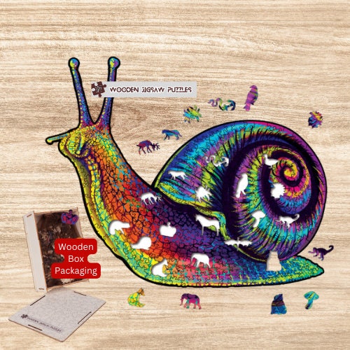 Rainbow Snail Wooden Jigsaw Puzzle with Wood Box Packaging, Puzzles for Kids Adult Friends Family Christmas Birthday Surprised Gift Box