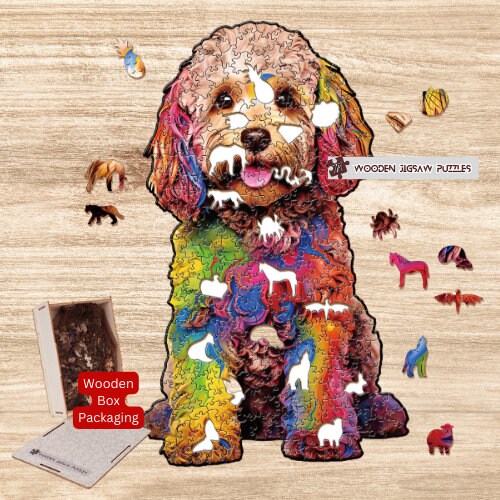 Cute Colorful Dog Jigsaw Wooden Puzzle with Wood Box Packaging, Gift Idea for Kids, Adults, Best friend, Her Him Family Games, Couple Games