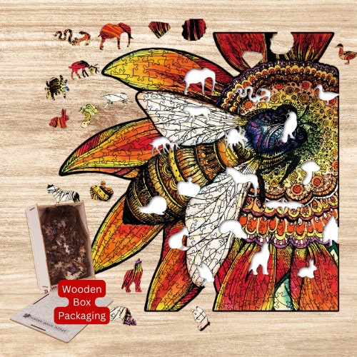 Bee and Flower Wooden Jigsaw Puzzle with Wood Box Packaging, Unique Gift for Kids and Adult, Nature Wildlife Floral Fauna Jigsaw Puzzles