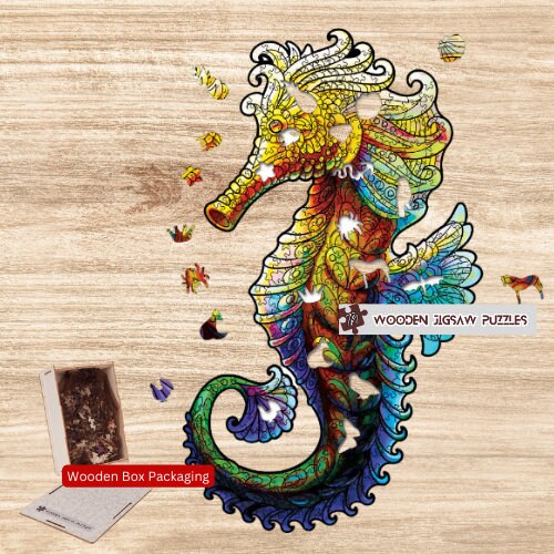 Seahorse Wooden Jigsaw Puzzle with Wood Box Packaging, Rainbow Pride Seahorses Puzzles for Kids Adult Friends Family Sea Animals Puzzle