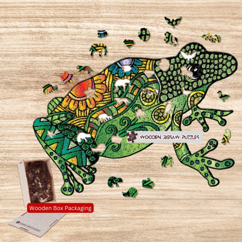 Frog Wooden Jigsaw Puzzle with Wood Box Packaging, Frogs Puzzles for Kids Adult Best Friends Family Christmas Birthday Surprised Gift Idea