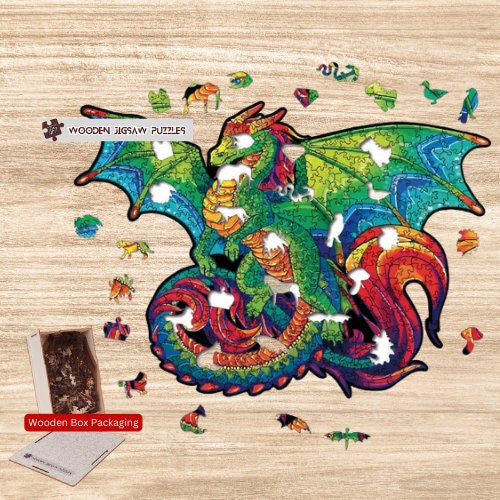 Flying Dragon Wooden Jigsaw Puzzle with Wood Box Packaging, Legendary Dragon Jigsaw Puzzles Gift Idea for Kids Adult Friends Family Games