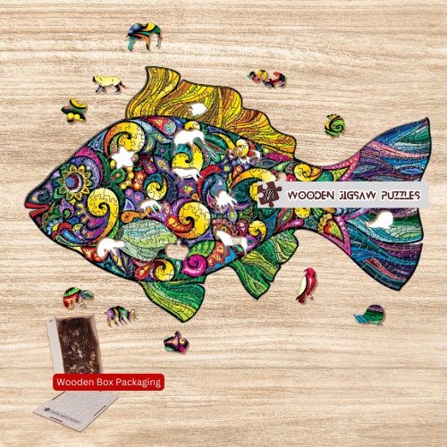 Fish Wooden Jigsaw Puzzle with Wood Box Packaging, Unique Gift for Kids, Adult, Friends Family Couple Games Colorful Fish DIY Jigsaw Puzzles