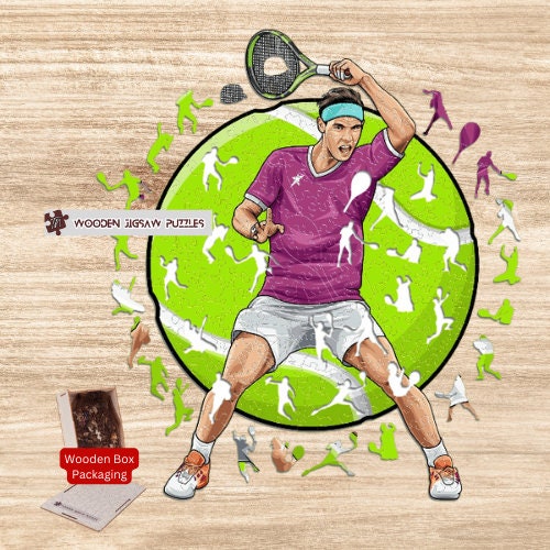 Tennis Player Wooden Jigsaw Puzzle with Wood Box Packaging, Tennis Wooden Puzzle Gift Idea for Boys Girls Adult Family Tennis Sport Lovers