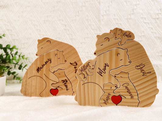 Personalized Hug Wooden Bears Puzzle, Family Keepsake Gifts, Engraved Family Name Puzzle, Animal Family Home Gift, Unique Room Decoration