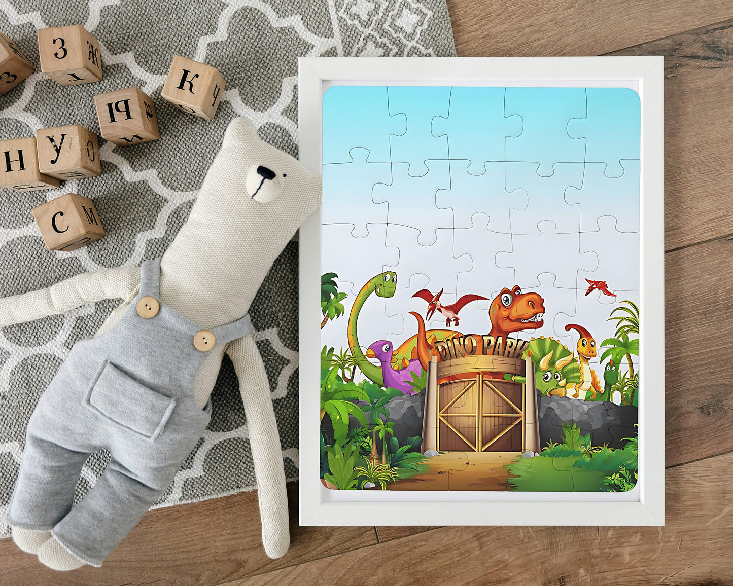 Personalized Dinosaur Park Kids Jigsaw Puzzle, 30-Piece Vertical Puzzle Gameboard, Toddler Name Learning, Perfect For Gifting!