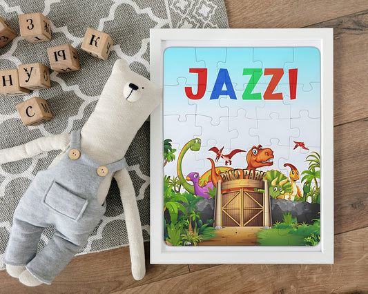 Personalized Dinosaur Park Kids Jigsaw Puzzle, 30-Piece Vertical Puzzle Gameboard, Toddler Name Learning, Perfect For Gifting!