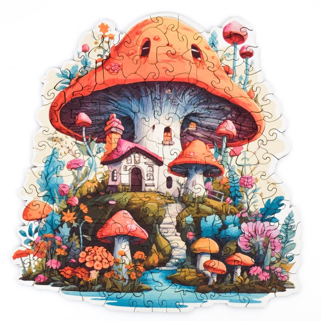 Mushroom House Wooden Jigsaw Puzzle for Adults and Kids | Laser Cut Premium Wood | Animal Shaped 3D Puzzle Pieces | Unique Gift