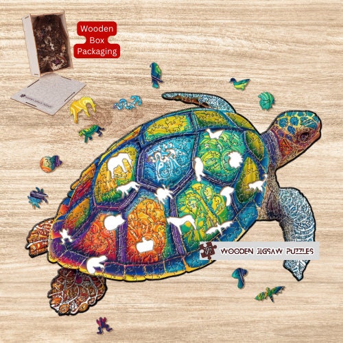 Rainbow Turtle Wooden Jigsaw Puzzle with Wood Box Packaging, Puzzles for Kids Adult Friends Family Christmas Birthday Surprised Gift Box