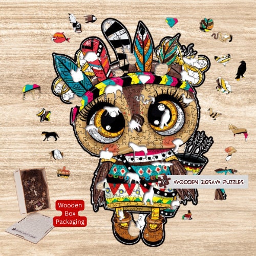 Cute Owl Wooden Jigsaw Puzzle with Wood Box Packaging, Wooden Jigsaw Puzzles for Kids Adult Friends Family Games Birthday Christmas Gift