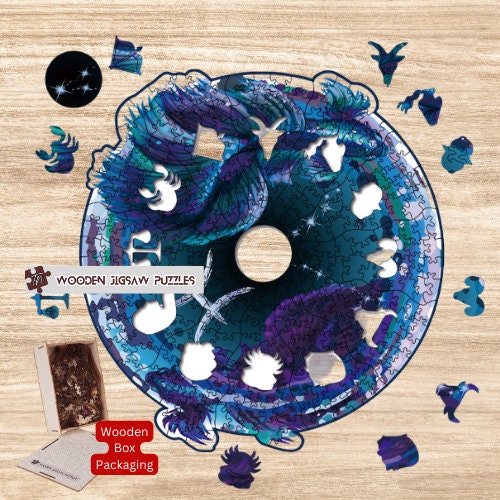 PISCES Wooden Jigsaw Puzzle, with Wood Box Packaging, Birthday Gift Idea for Friends Family Kids Adult, Zodiac Pisces Jigsaw Puzzles