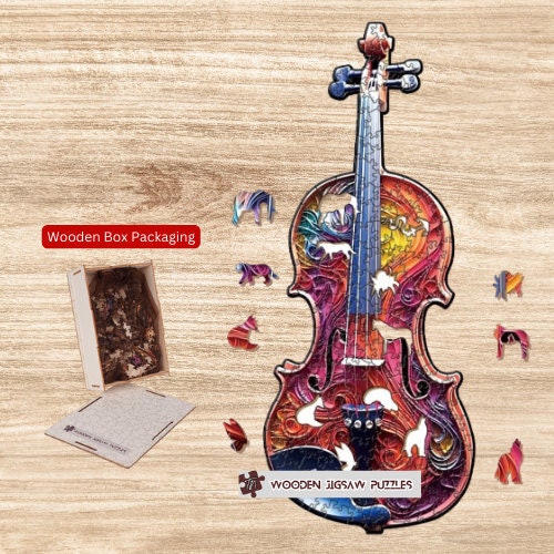 Violin Wooden Jigsaw Puzzle with Wood Box Packaging, Orchestra Music Instrument Violin Jigsaw Puzzles Gift Idea for Adult Her Him Girls Boys