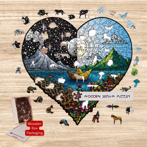 Heart Panorama Wooden Jigsaw Puzzle with Wood Box Packaging, Nature Adventure Mountain Lake, Day Night Jigsaw Puzzles Gift for Kids Adult