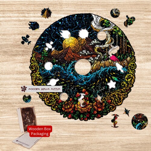 Starry Night Jungle Wooden Jigsaw Puzzle with Wood Box Packaging, Forest Night View Puzzles Gift Games Gift for Kids Adult Family Friends