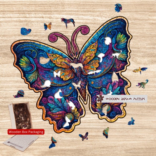 Blue Green Elegant Butterfly Wooden Puzzles with Wood Box Packaging, Butterfly Jigsaw Puzzles for Her Girls Wife Girlfriend Bestie Gift Idea