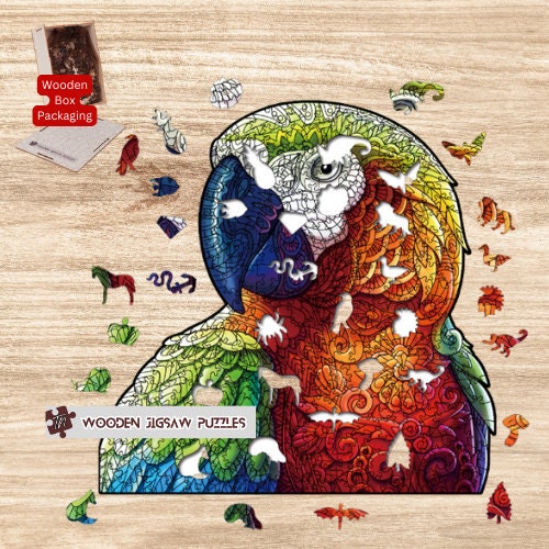 Colorful Parrot Wooden Jigsaw Puzzle with Wood Box Packaging, Wooden Puzzles Unique Gift Idea for Boys Girls Best Friend Couple Family Games