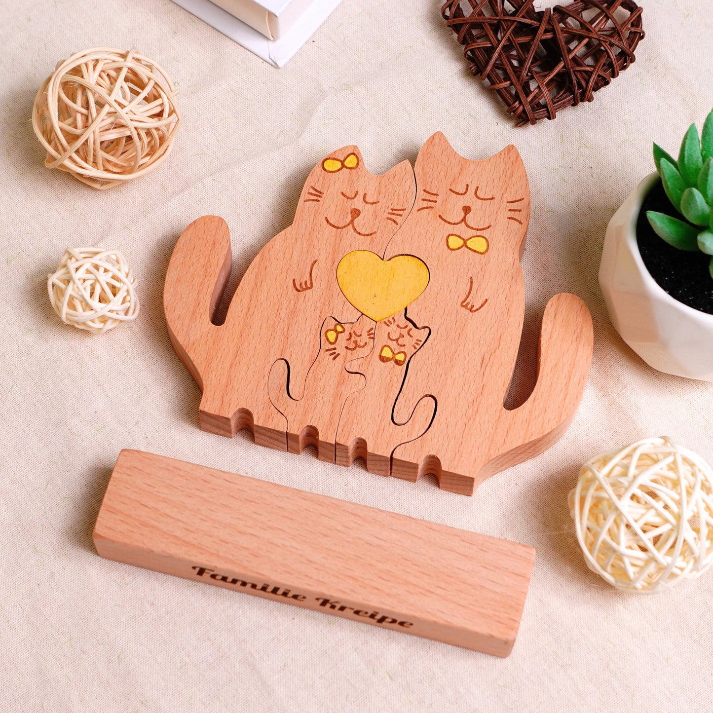 Personalized Cat Family Wooden Puzzle Custom Animal Figurines Wooden Cat Carvings Mother's Day Gift For Parents Kids Gift 3D Animal Art