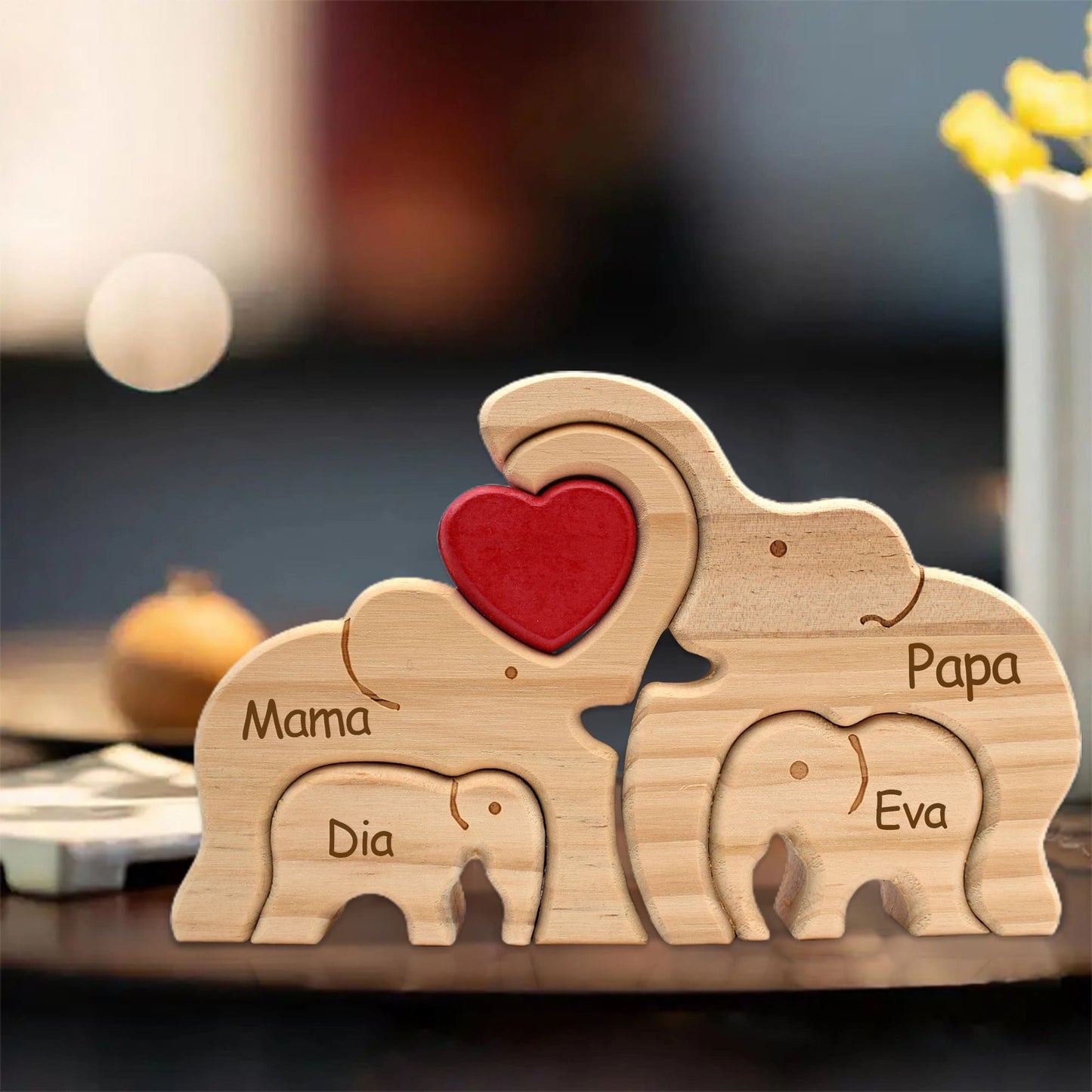 Wooden Elephant Family Puzzle,Custom Animal Figurines,Wooden Elephants Carvings,Personalized Family Name Puzzle,Father's Day Gifts,Kids Gift