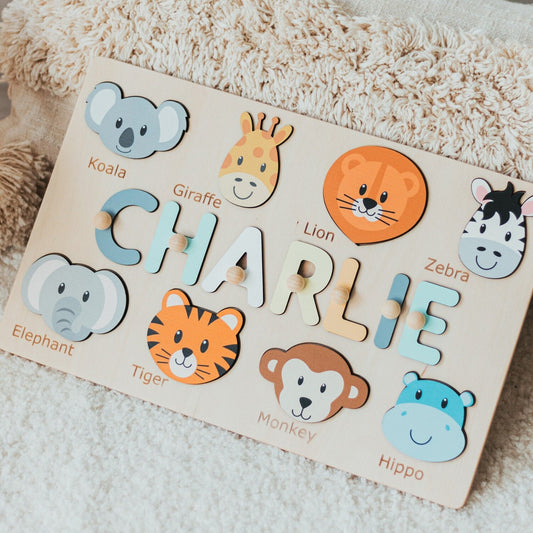 Safari Animal Custom Name Puzzle Montessori Toys Name Busy Puzzle Alphabet Recognization Baby Boy Gift Jungle Animals Puzzle Board