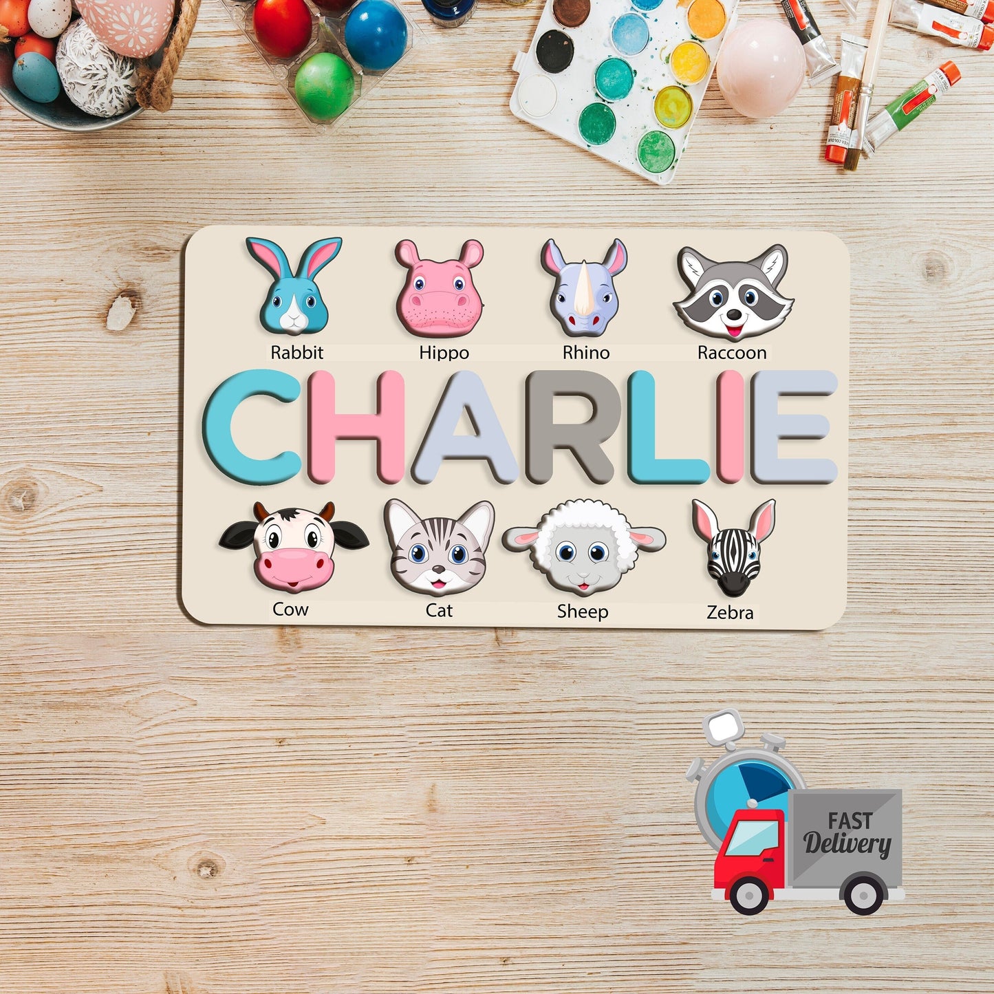 Custom Name Puzzle with Animals, Personalized Handmade Birthday Gift for Baby, Special New Baby Gift, Wood Toy, Christmas Gifts for Toddlers