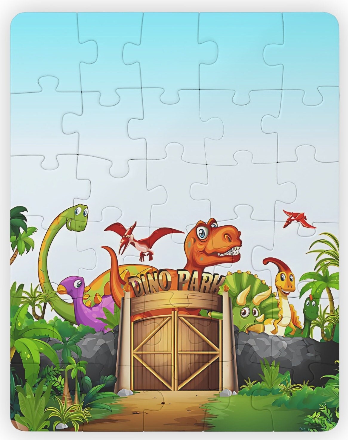 Personalized Dinosaur Park Kids Jigsaw Puzzle, 30-Piece Vertical Puzzle Gameboard, Toddler Name Learning, Perfect For Gifting!