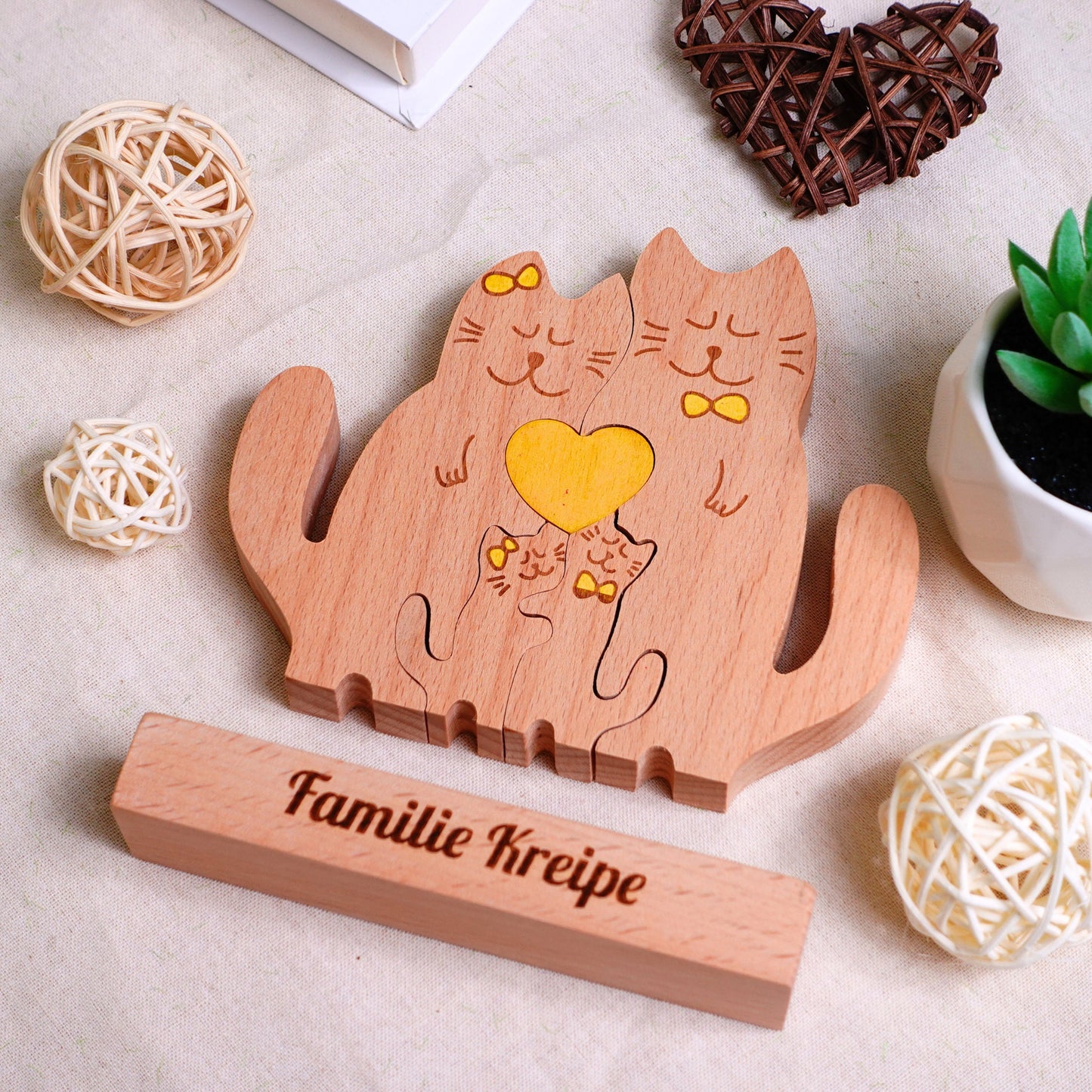 Personalized Cat Family Wooden Puzzle Custom Animal Figurines Wooden Cat Carvings Mother's Day Gift For Parents Kids Gift 3D Animal Art