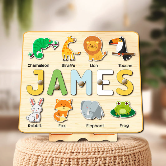 Custom Safari Nursery Name Puzzle Montessori Toy Personalized Busy Board Zoo Jungle Animal Lion Giraffe Puzzle 1 2 Year Old Kid Toddler Gift