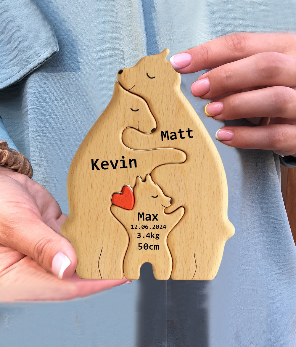 Personalized Wooden Bears Engraved Family Name Puzzle, Custom Wooden Bears Family Puzzle, DIY Art Puzzle, Animal Family, Gift for Parents