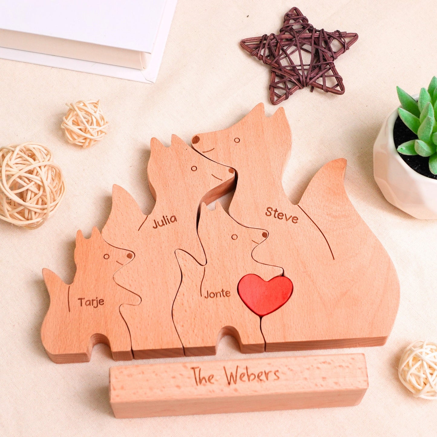 Personalized Wooden Fox Family Puzzle Custom Family Members Animal Figurines Name Puzzle Family Keepsake Mother's Day Gift For Parents Kids