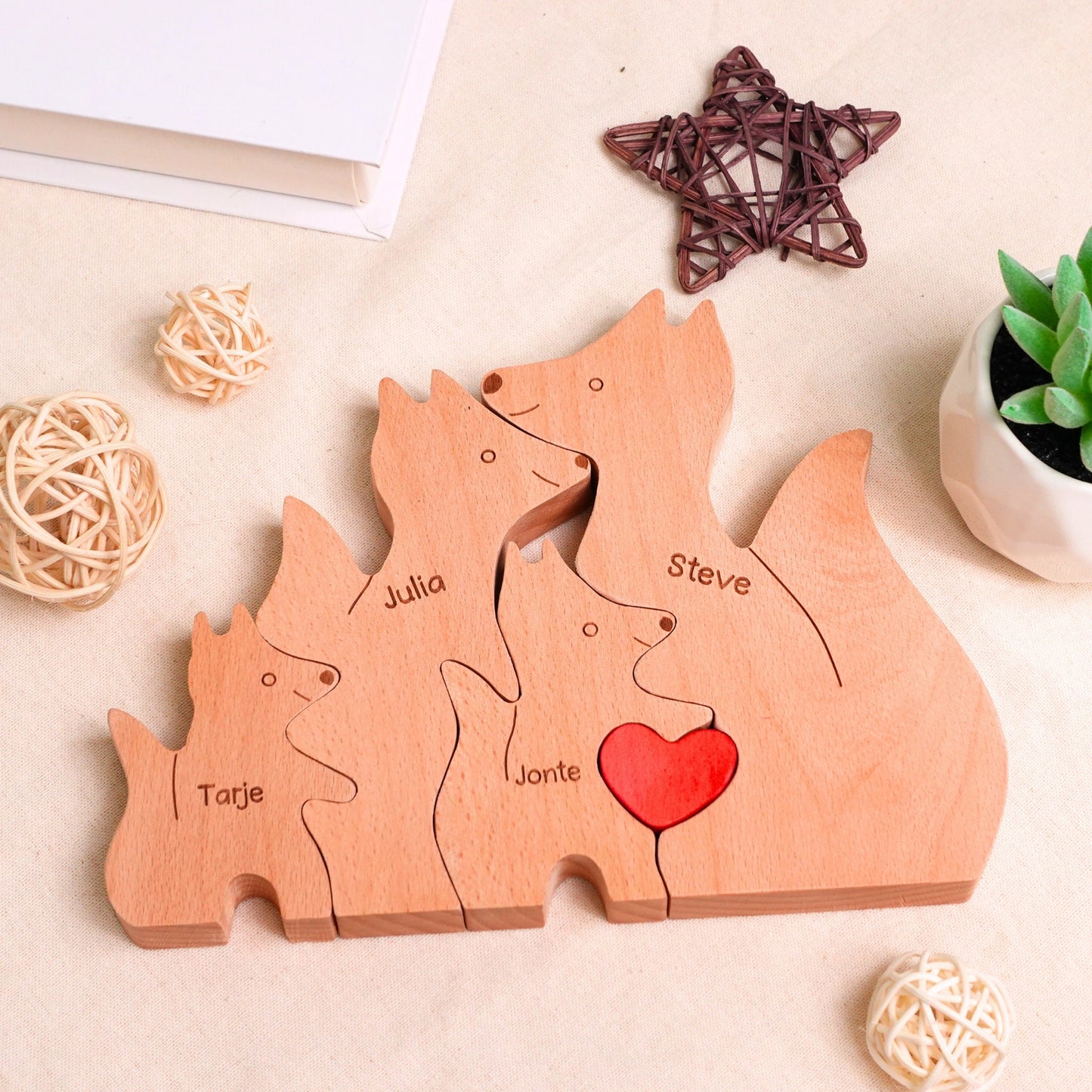 Personalized Wooden Fox Family Puzzle Custom Family Members Animal Figurines Name Puzzle Family Keepsake Mother's Day Gift For Parents Kids