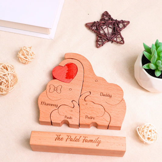 Personalized Elephant Family Wooden Puzzle Custom Animal Figurines Wooden Elephants Carvings 3D Animal Art Mother's Day Gift Kids Gift