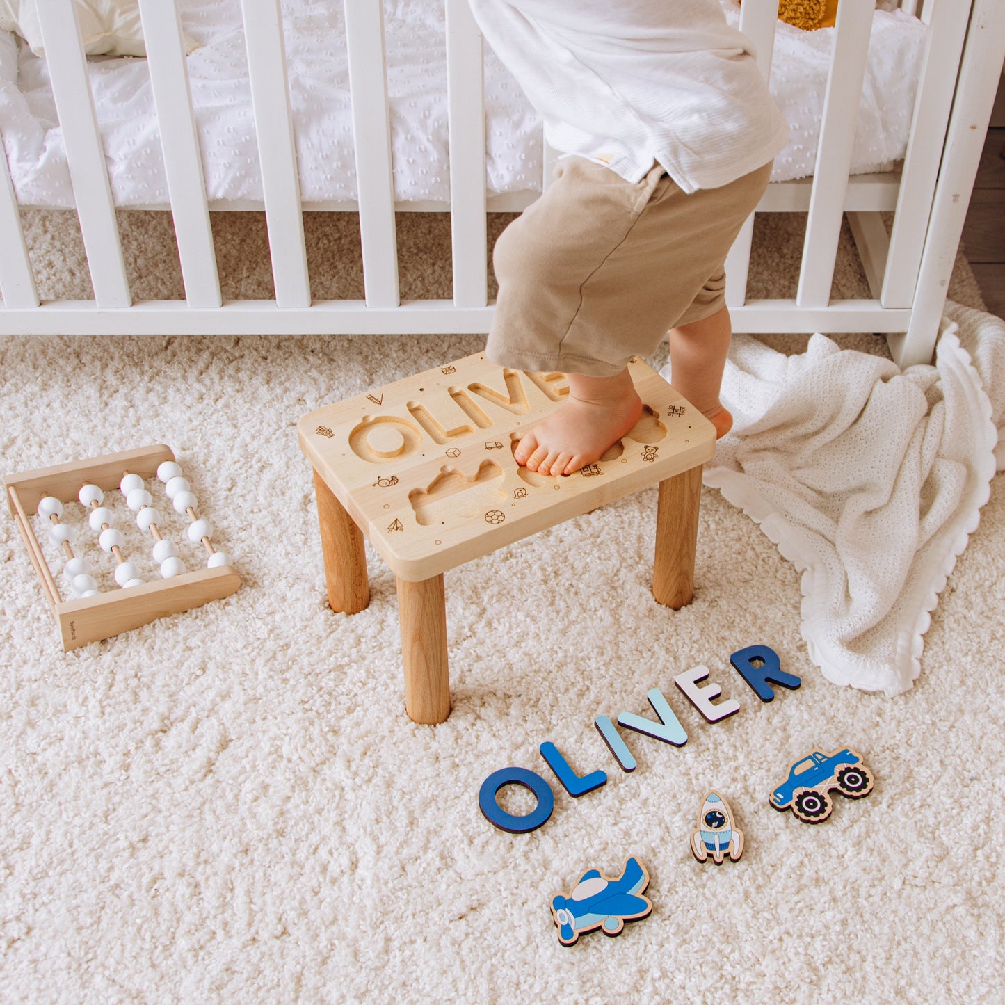 Personalized Name Puzzle Stool. Toddler Step Stool. 1 2 3 Year Old Gift. Baby Boy Birthday Gift. Wooden Toddler Chair. Baptism Boy Gift.