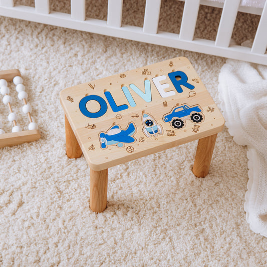 Personalized Name Puzzle Stool. Toddler Step Stool. 1 2 3 Year Old Gift. Baby Boy Birthday Gift. Wooden Toddler Chair. Baptism Boy Gift.