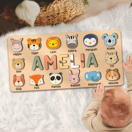 Custom Large Animal Name Puzzle Zoo Jungle Montessori Toy Birthday Baby Shower Gift for Girl Boy Wood Pet Puzzle Toys Toddler Safari Nursery