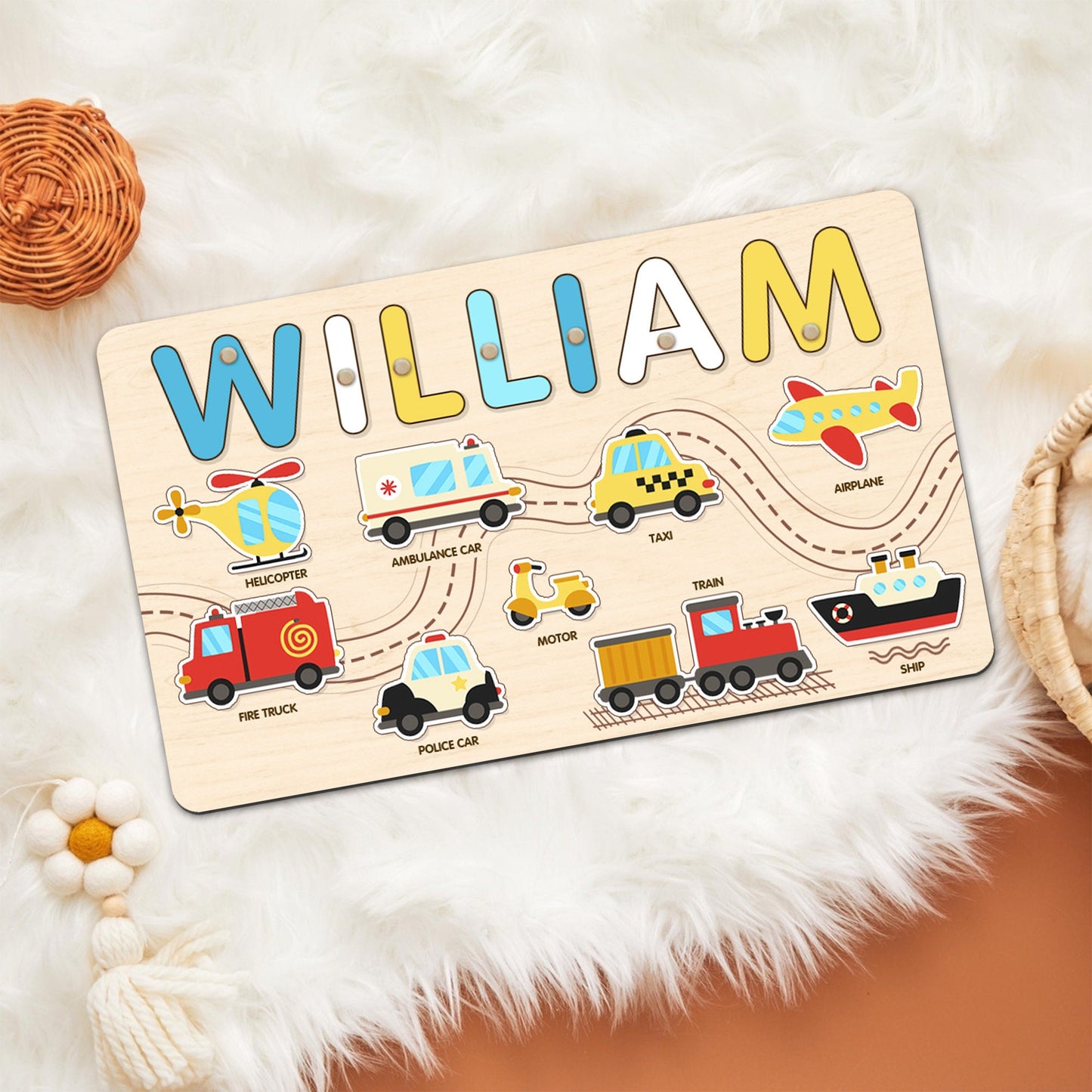 Personalized Baby Boy Name Puzzle, Transportation Kids Puzzle, Wooden Montessori Toys for Boy, Toddler Busy Board, Birthday Gifts for Son