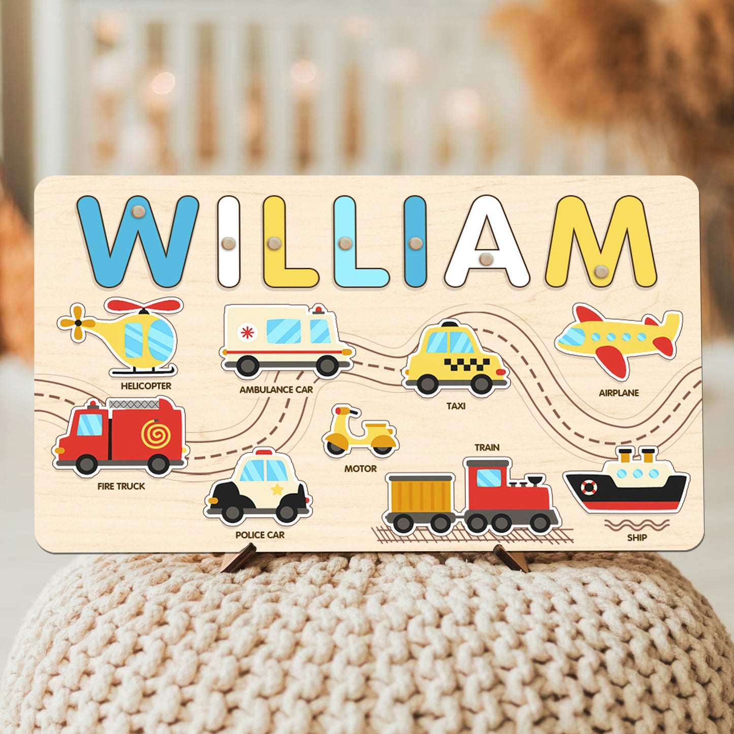 Personalized Baby Boy Name Puzzle, Transportation Kids Puzzle, Wooden Montessori Toys for Boy, Toddler Busy Board, Birthday Gifts for Son