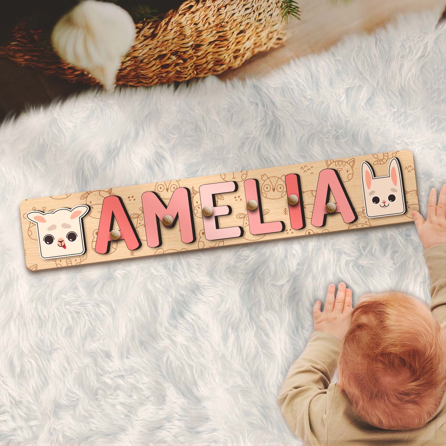 Personalized Girl Name Puzzle Sheep Rabbit Animal Nursery Decor First Birthday Gifts For Kids Custom Toddler Wood Montessori Educational Toy