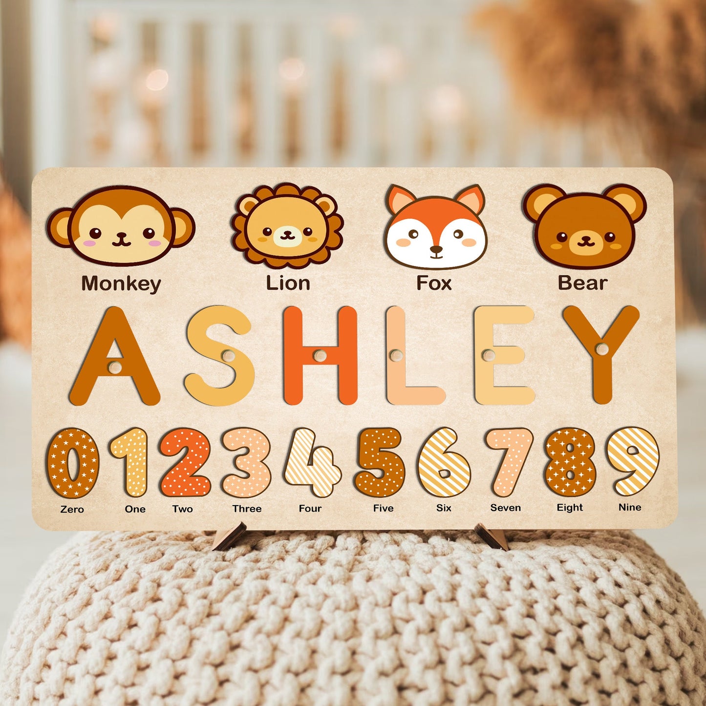 Personalized Name Puzzle with Animal & Numbers, Educational Gift for Learning Number Animal, Wooden Baby Name Puzzle, Unique Baby Gifts